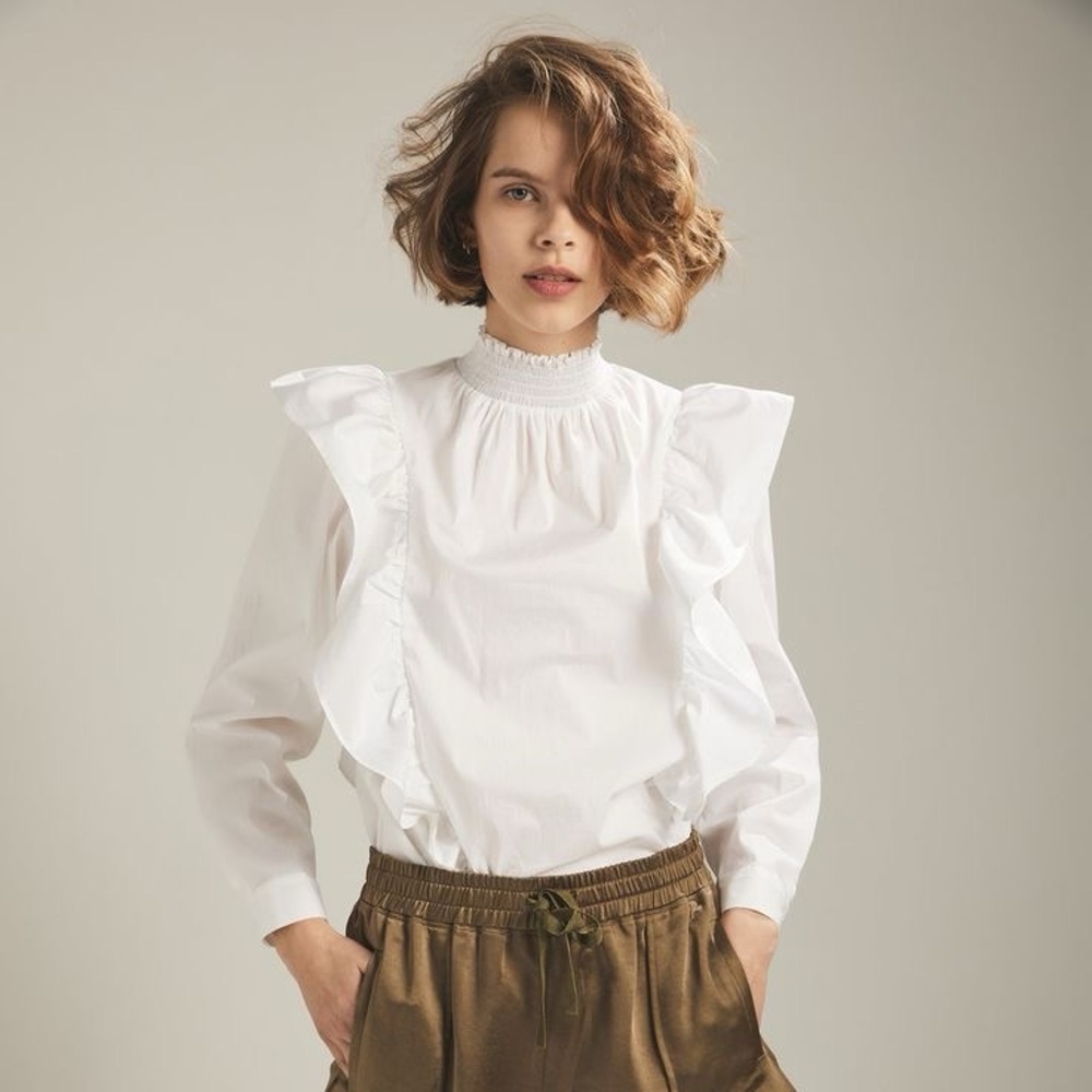 Melissa Nepton White Emme Blouse with Smocked Neck and Ruffles size Large